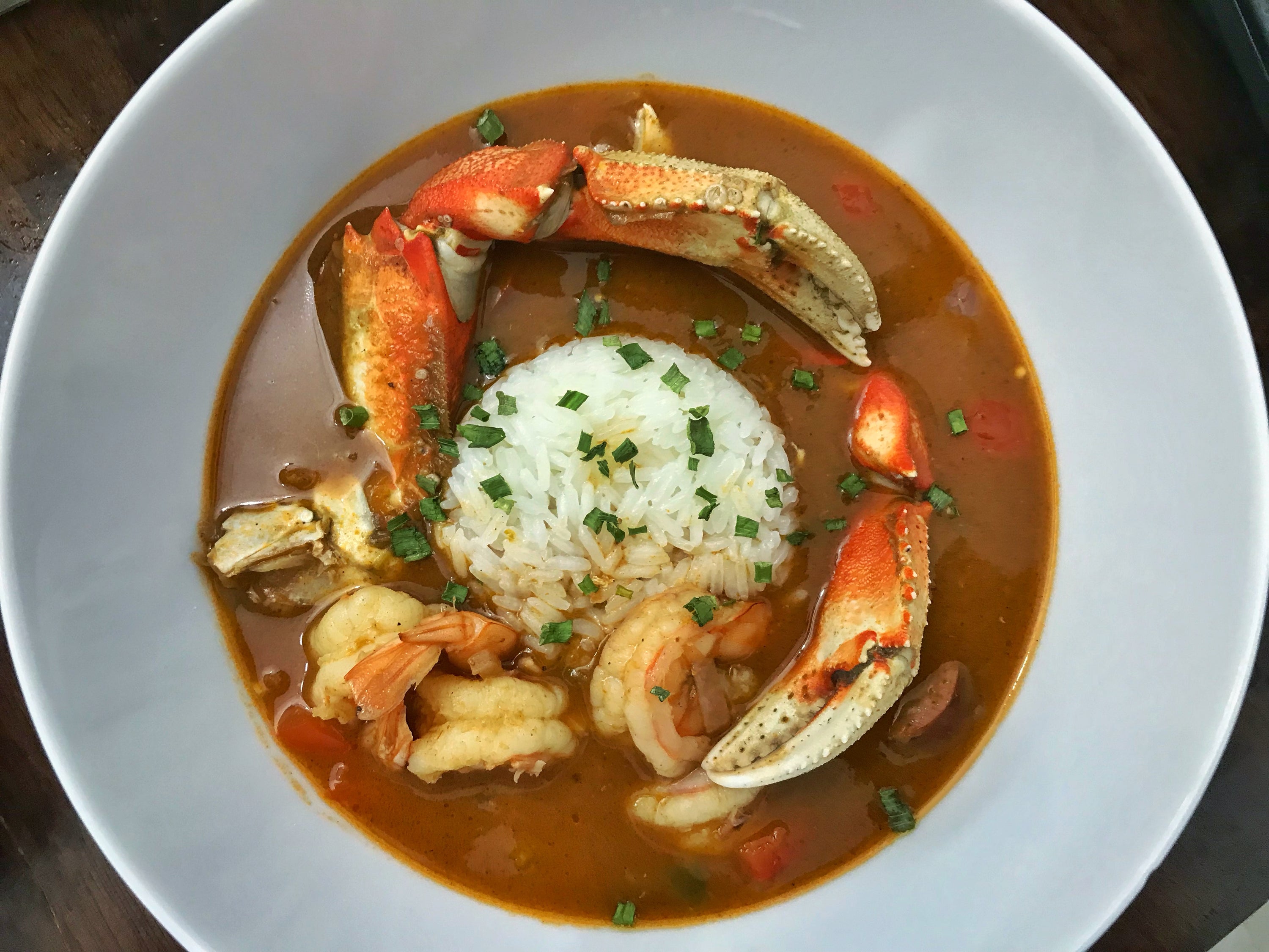 Roux based Seafood Gumbo with Dungeness Crab, Shrimp and Smoked Sausage