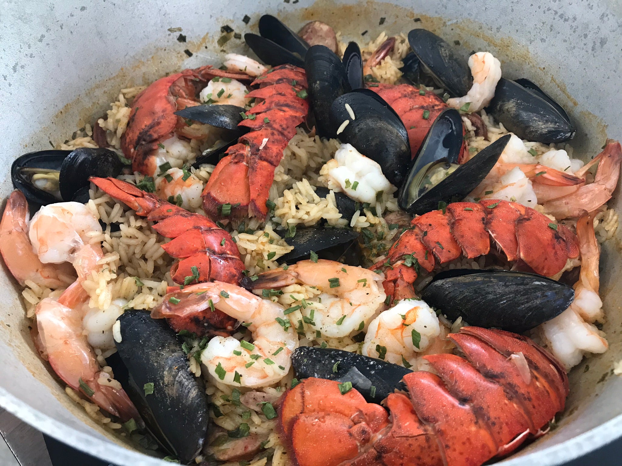 Seafood Rice (kinda like Paella) with Lobster, Shrimp, Mussels and Smoked Sausauge