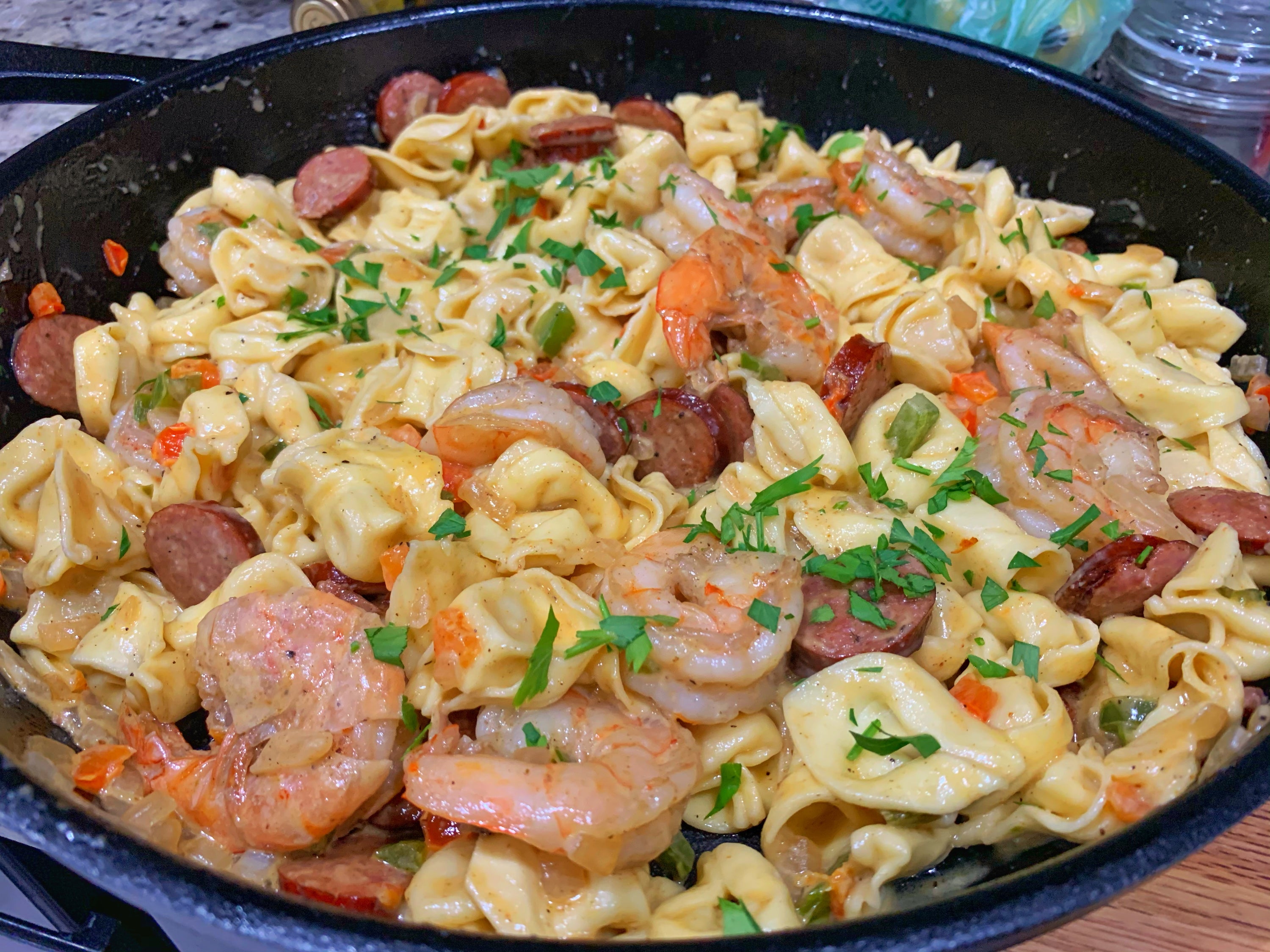 Garlic Pepper Shrimp with Three Cheese Tortellini and Andouille Sausage